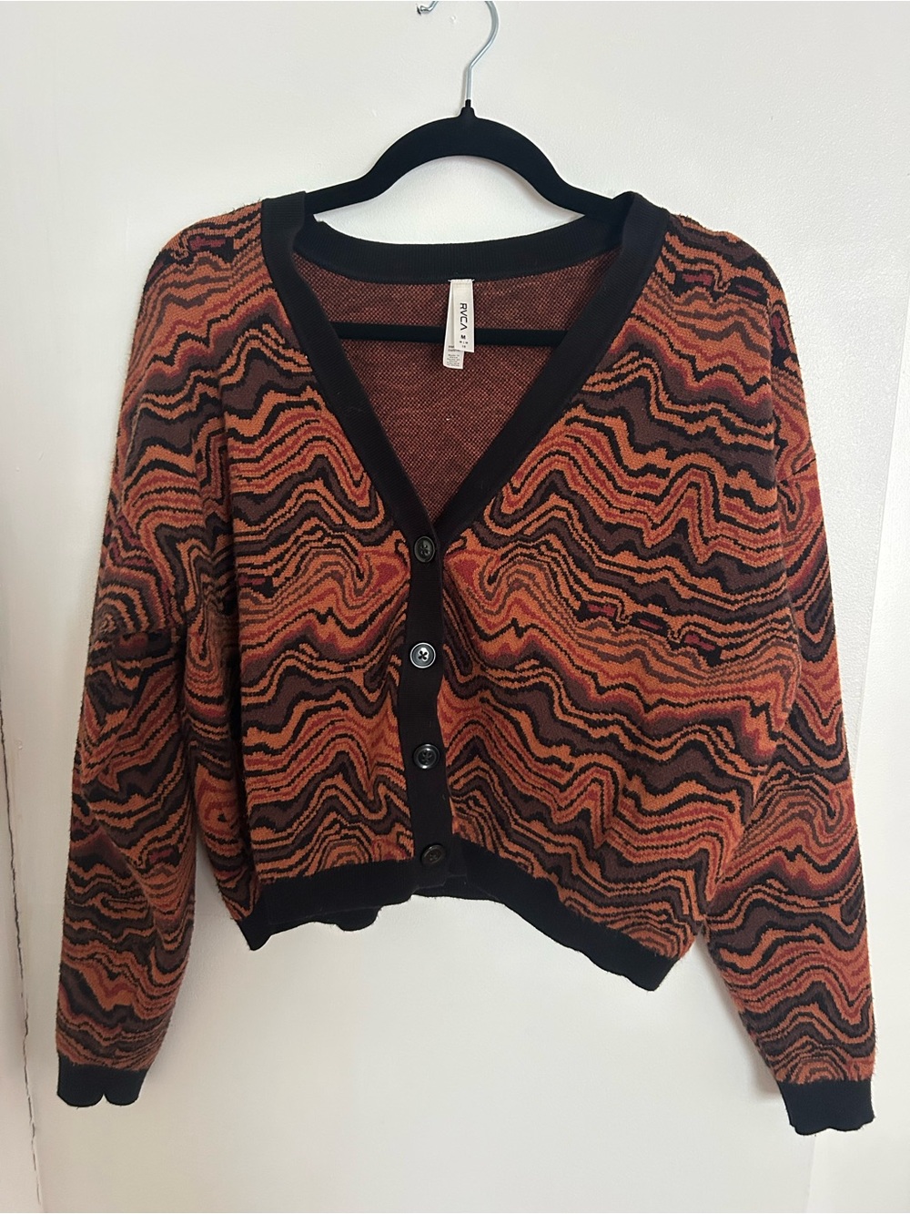 Woven Wave Pattern Cropped Cardigan - Rust/Black RVCA